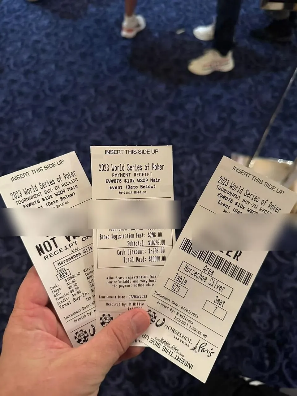 Recibos del buy-in del Main Event de la WSOP 2023: evento 76, diez mil dólares, mesa 629 asiento 7