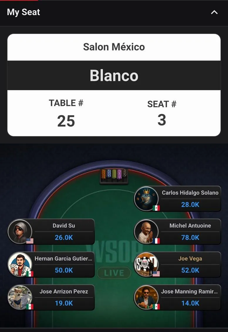 Pantalla de la app WSOP Live: Salón México, mesa 25, asiento 3, con Joe Vega y 52,000 en fichas